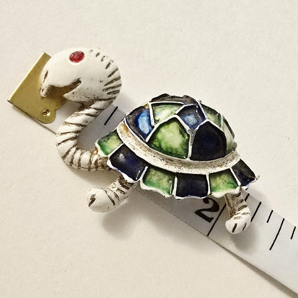 3/$50 Vintage 60s enamel turtle brooch with rhinestone eyes green blue shell